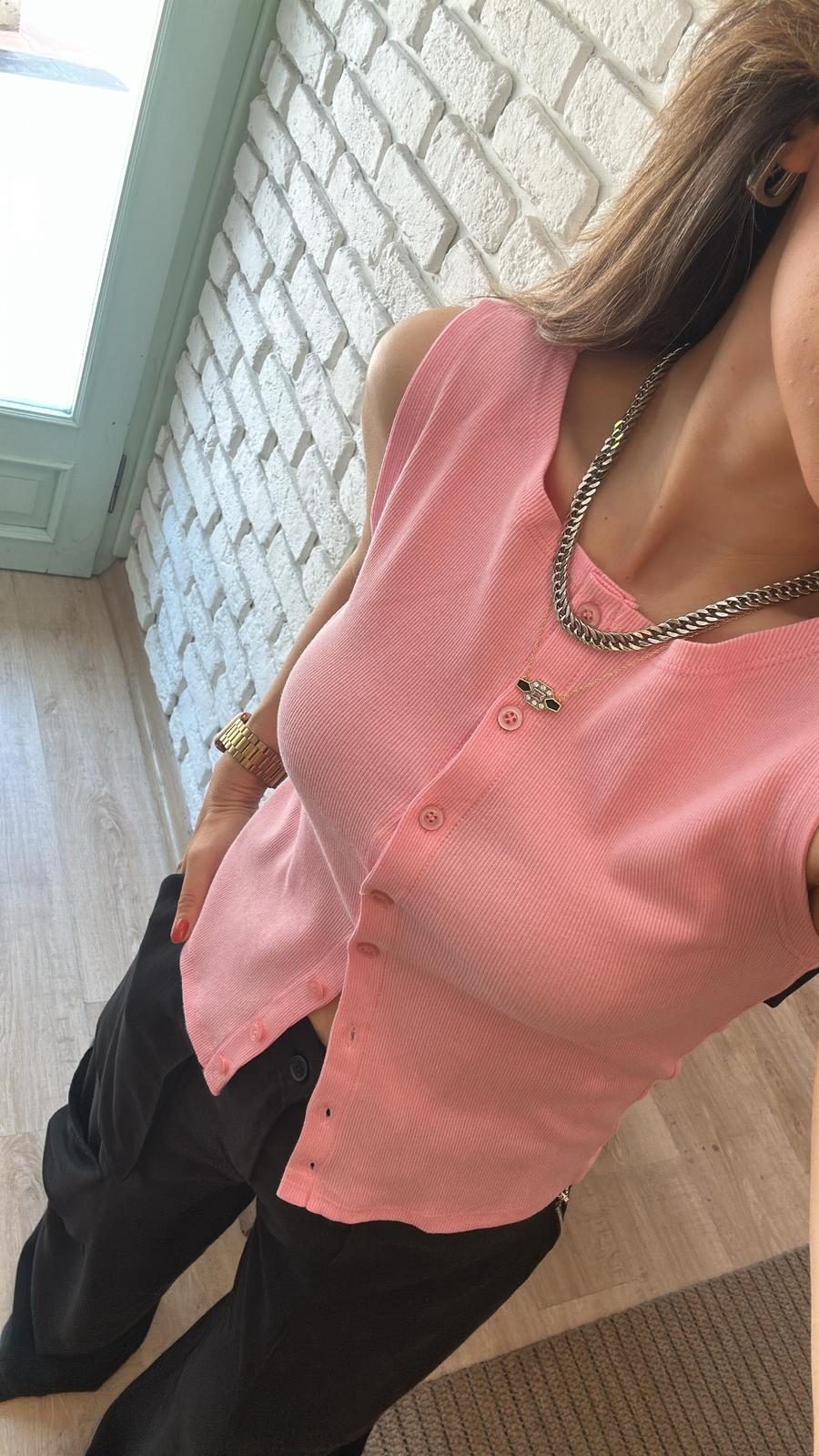 Düğmeli Örme Yelek Pembe